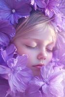 Young girl peacefully resting among vibrant purple flowers in a serene setting photo