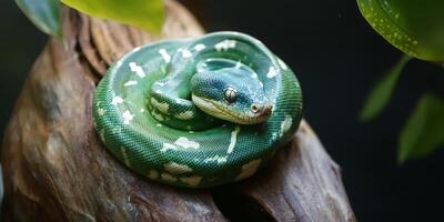 Green tree python resting on a wooden branch in a natural habitat during daylight photo