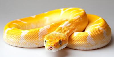 Bright yellow python coiled comfortably on a light surface in a well-lit setting photo