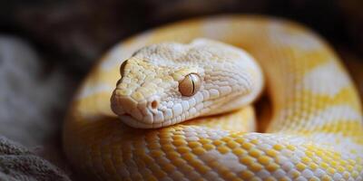 Beautiful yellow python resting peacefully on a soft surface in a cozy indoor environment photo