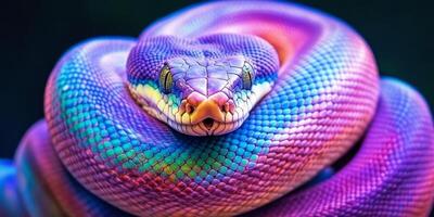 Colorful snake displays vibrant patterns while coiled on a dark background in a natural environment during daylight photo