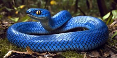 Stunning blue snake resting on the forest floor surrounded by green foliage in a tropical rainforest photo