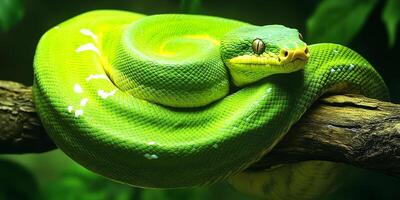 Green python resting on a branch in a lush tropical habitat under soft lighting photo