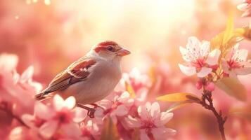Bright sparrow perched among blooming cherry blossoms during springtime in a serene garden setting photo