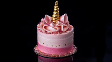 Colorful unicorn cake adorned with golden horn and sprinkles, perfect for celebrations and birthdays photo