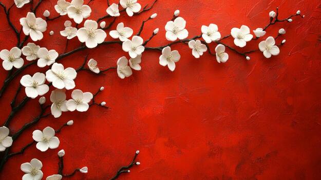 White cherry blossoms on a red background create a stunning visual contrast in a serene setting photo