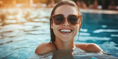 Smiling woman in sunglasses enjoying a sunny day in the pool at a resort photo