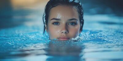 Young woman enjoying a serene moment while swimming in a tranquil blue pool photo