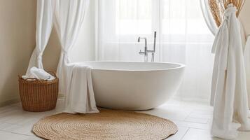 Relaxing bathroom setup with a modern freestanding bathtub and natural decor elements photo