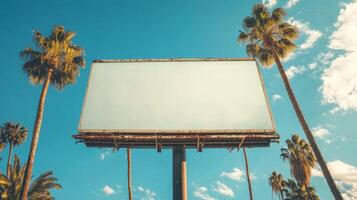 Bright, clear sky with a blank billboard surrounded by palm trees during a sunny day in a vibrant location photo