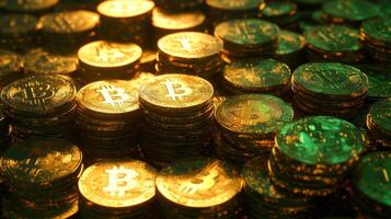 Stacks of shiny bitcoin coins glimmering under warm light in an abstract arrangement showcasing cryptocurrency wealth photo