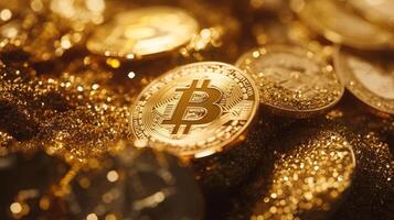 Gold and Bitcoin coins shine together on a glittery surface in a close-up view, symbolizing digital wealth and investment opportunities photo