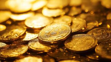 Golden bitcoins stacked amidst shimmering coins, symbolizing cryptocurrency wealth and investment growth photo