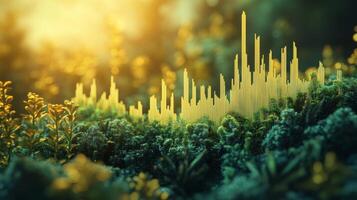 Nature-inspired digital landscape with vibrant colors and towering structures at sunset photo