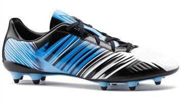 Futuristic black and blue soccer cleat designed for performance on the field photo