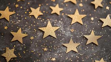 Golden stars scattered on a dark surface create a festive and magical atmosphere for celebrations or events photo