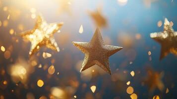 Glittering golden stars float against a dreamy blue background creating a magical atmosphere during festive celebrations photo
