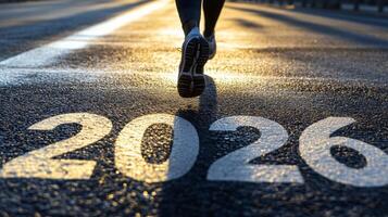 Individual runs towards the year 2026 on a sunlit road, symbolizing aspirations and future goals photo
