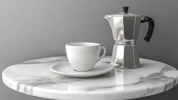 Coffee preparation on a marble table featuring a silver stovetop kettle and a white cup set for an elegant morning ritual photo