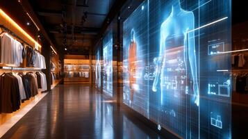 Modern retail space showcases interactive holograms of clothing and innovative display technology photo