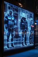 Futuristic fashion window display featuring digital designs at night in an urban setting photo