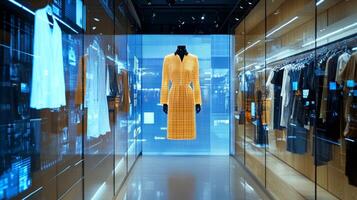 Innovative fashion display showcases virtual clothing in a modern retail environment with sleek design and technology photo