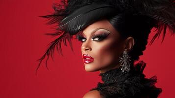 Beautiful portrait of a drag queen with dramatic makeup and elegant attire against a bold red background photo