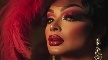 Stunning performer with glamorous makeup and feathered headpiece poses elegantly in a theatrical setting photo