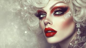 Stunning beauty portrait showcasing glamorous makeup and elegant style in a soft light setting photo