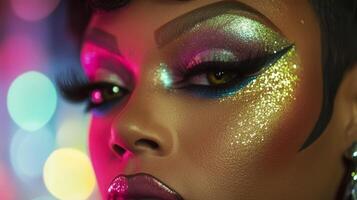 Stunning close-up of glamorous makeup highlighting vibrant colors and glitter on expressive eyes during a creative beauty shoot photo