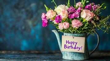 Brightly colored flowers in a vintage watering can with a birthday greeting card displayed on a rustic wooden table photo