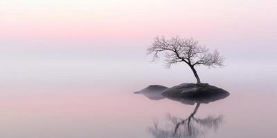 Misty morning tranquility with a lone tree on a rock in calm water at dawn photo