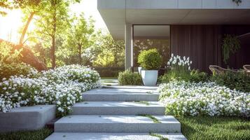 Beautiful garden pathway leading to a modern house with blooming flowers and lush greenery in the afternoon sunlight photo