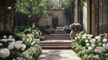 Beautiful garden pathway adorned with white flowers and lush greenery in a tranquil setting photo