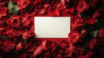 Romantic arrangement of red roses surrounding a blank card on a vibrant red background for special occasions photo