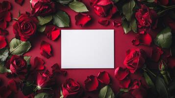 Elegant arrangement of red roses and blank card for heartfelt messages on a romantic occasion photo