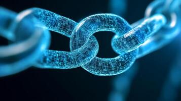 Digital representation of a glowing blue chain link showcasing connectivity and blockchain technology photo
