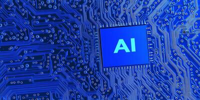 Detailed close-up of a circuit board featuring AI chip on a vibrant blue background photo