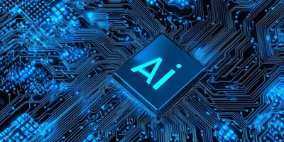 Close-up view of a microchip highlighting artificial intelligence technology in a futuristic digital circuit environment photo