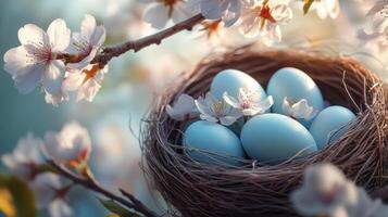 Blue eggs nestled in a bird's nest among cherry blossoms in a tranquil spring setting photo