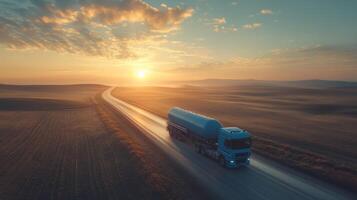 Truck driving along a winding road at sunset in an expansive rural landscape photo