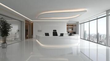 Modern office reception area with panoramic city views and sleek design features photo