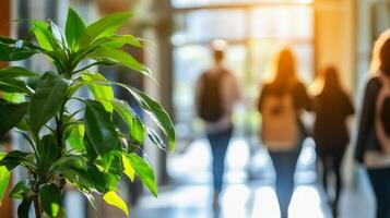 People walking through a sunny hallway with a green plant in the foreground during the afternoon photo