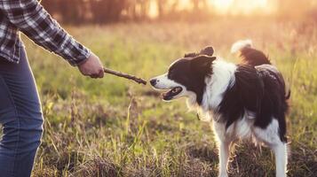 Person plays fetch with a happy dog during sunset in a grassy field photo