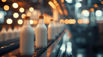 Milk bottles on a production line in a factory illuminated by warm lights during the early morning hours photo