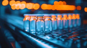 Clear glass vials on a conveyor belt illuminated by ambient orange light in an industrial setting at night photo