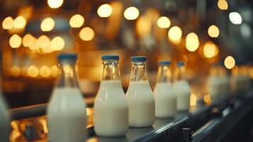 Bottles of fresh milk on a conveyor belt in a dairy processing facility photo
