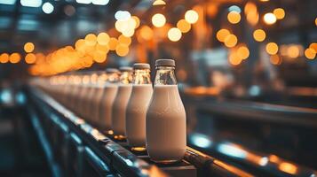 Milk bottles being processed on a production line in a dairy factory with warm lighting during the early evening photo