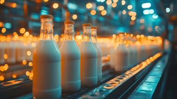 Milk bottles being processed on a conveyor belt in a dairy factory with warm ambient lighting photo