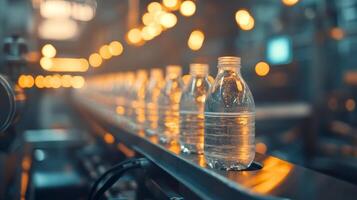Bottled water production process in a modern factory with warm lighting and blurred background photo